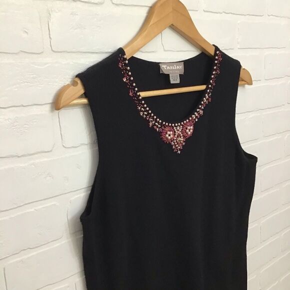 TANJAY black sleeveless top chic beaded details neckline bling medium petite - Picture 5 of 11